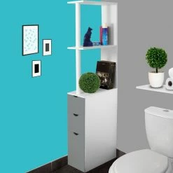 Nouveau ❤️ IDMARKET Meuble WC étagère WILLY bois 3 portes blanc et gris gain de place pour toilettes 🧨 -Accessoires pour la maison Soldes 3662897004171 6
