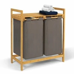 Remise 😉 IDMARKET Bac à linge double bambou ALI tissu gris anthracite 🌟