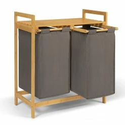 Remise 😉 IDMARKET Bac à linge double bambou ALI tissu gris anthracite 🌟 -Accessoires pour la maison Soldes 3662897043187 3