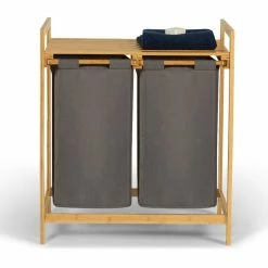 Remise 😉 IDMARKET Bac à linge double bambou ALI tissu gris anthracite 🌟 -Accessoires pour la maison Soldes 3662897043187 4