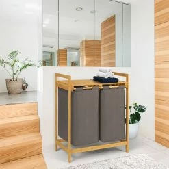 Remise 😉 IDMARKET Bac à linge double bambou ALI tissu gris anthracite 🌟 -Accessoires pour la maison Soldes 3662897043187 5