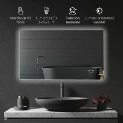 Offres 👏 Kleankin Miroir salle de bain lumineux LED 42 W - dim. 90L x 3l x 60H cm - fonction anti-buée, interrupteur tactile, luminosité réglable - alu. verre ❤️ -Accessoires pour la maison Soldes 3662970113264 5