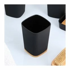 Nouveau 🤩 Tendance Gobelet et Porte brosse à dents Noir avec base Bambou 👏 -Accessoires pour la maison Soldes 3664323139129 2
