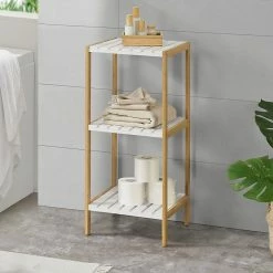 Grosses soldes ⭐ Étagère de rangement Balsfjord Bambou 33 x 34 x 80 cm Naturel Blanc [en.casa] ✔️ -Accessoires pour la maison Soldes 4059438584954 2