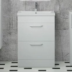Coupon ✨ AICA Sanitaire meuble de salle de bain couleur blanc avec deux tiroirs , lavabo en céramique 👍 -Accessoires pour la maison Soldes 4764075263901 3