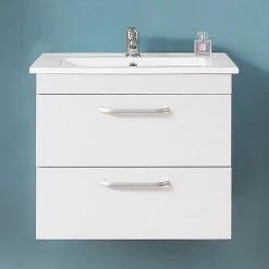 Sortie 🎉 AICA Sanitaire meuble de salle de bain suspendu blanc avec deux tiroirs, lavabo leger en céramique 🤩 -Accessoires pour la maison Soldes 4764075263994 3