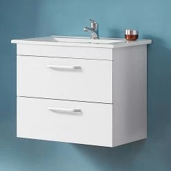 Sortie 🎉 AICA Sanitaire meuble de salle de bain suspendu blanc avec deux tiroirs, lavabo leger en céramique 🤩 -Accessoires pour la maison Soldes 4764075263994 7