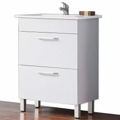 Le moins cher ⭐ AICA Sanitaire meuble sous vasque deux tiroirs blanc avec pied, lavabo leger en céramique 🛒