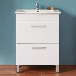 Le moins cher ⭐ AICA Sanitaire meuble sous vasque deux tiroirs blanc avec pied, lavabo leger en céramique 🛒 -Accessoires pour la maison Soldes 4764075264113 3