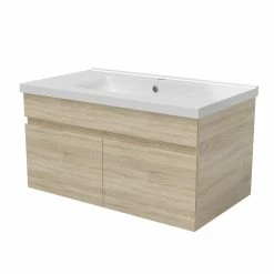 Remise 🎉 AICA Sanitaire meuble vasque suspendu avec deux portes, vasque en céramique , meuble couleur chêne. 🔥 -Accessoires pour la maison Soldes 4764075264465 6