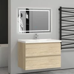 Top 10 😉 AICA Sanitaire meuble de couleur chêne suspendu de salle de bain, 2 tirois, vasque en céramique. 🎁 -Accessoires pour la maison Soldes 4764075264618 3