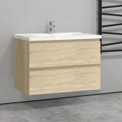 Top 10 😉 AICA Sanitaire meuble de couleur chêne suspendu de salle de bain, 2 tirois, vasque en céramique. 🎁 -Accessoires pour la maison Soldes 4764075264618 5