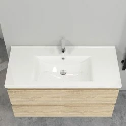 Bon marché 🛒 AICA Sanitaire meuble de salle de bain couleur chêne,meuble deux tirois et un plan vasque céramique 100cm ✔️ -Accessoires pour la maison Soldes 4764075264649 3