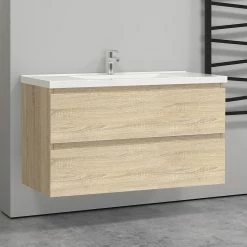 Bon marché 🛒 AICA Sanitaire meuble de salle de bain couleur chêne,meuble deux tirois et un plan vasque céramique 100cm ✔️ -Accessoires pour la maison Soldes 4764075264649 5