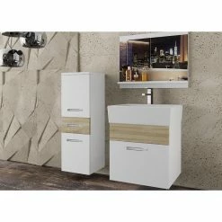 Offres 🎁 Hucoco NOMI - Ensemble de salle de bain - 4 pcs - Meubles à suspendre - Vasque en porcelaine - Beige 💯