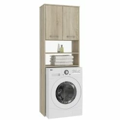 Promo 👏 Hucoco LENA - Meuble pour machine à laver 180x64x30 cm - Rangement buanderie lave linge salle de bain avec placard/étagères - Sonoma 🔔