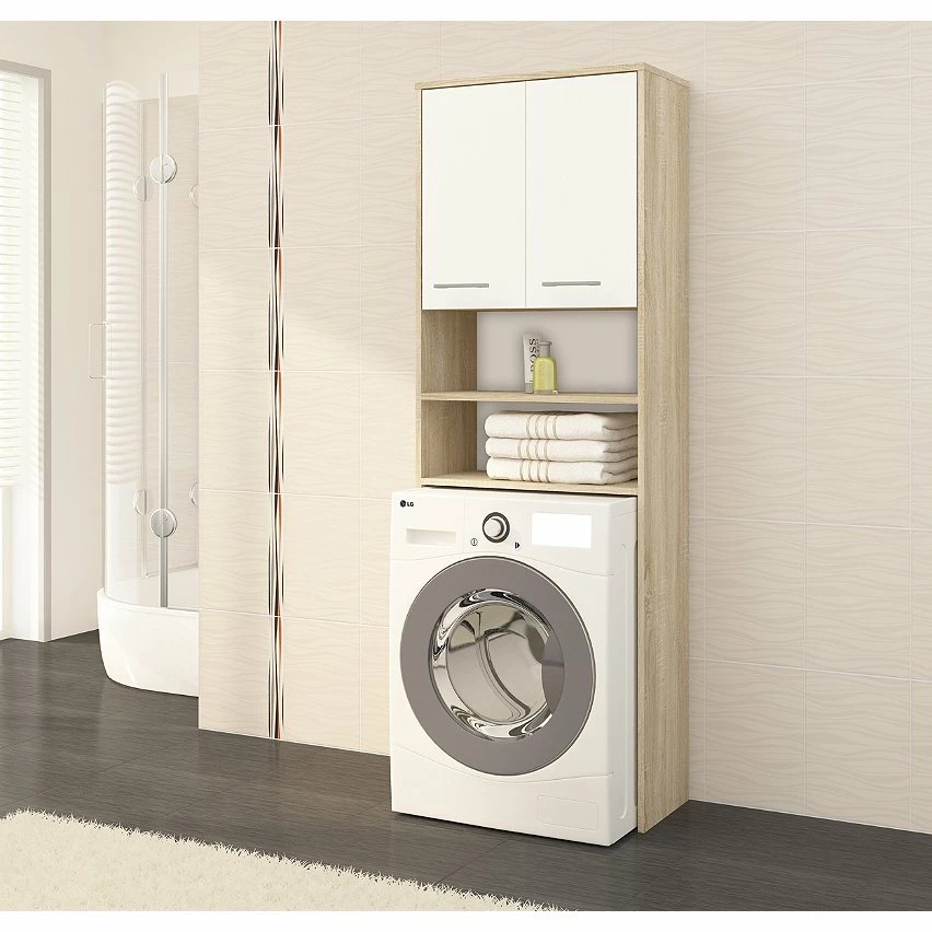 Le moins cher 😍 Hucoco LENA - Meuble pour machine à laver 180x64x30 cm - Rangement buanderie lave linge salle de bain avec étagères - Sonoma/Blanc 😉 4 Le moins cher 😍 Hucoco LENA - Meuble pour machine à laver 180x64x30 cm - Rangement buanderie lave linge salle de bain avec étagères - Sonoma/Blanc 😉 – Image 2