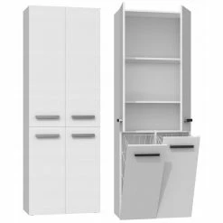Grosses soldes 🌟 Hucoco ELLOS - Armoire de salle de bain avec deux paniers - Poignées minimalistes - 174x60x30 - Colonne de rangement - Blanc 🔥 -Accessoires pour la maison Soldes 7625831693219 3