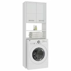 Nouveau 🥰 Hucoco LENA - Meuble pour machine à laver 180x64x30cm - Espace de rangement buanderie/lave linge/salle de bain avec placard/étagères - Blanc laqué 🎁