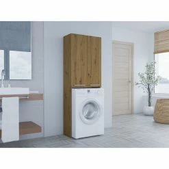 Promo 🎁 Hucoco COMO - Meuble pour machine à laver style moderne - 183x64x30 - 2 portes+4 étagères - Chêne ⌛ -Accessoires pour la maison Soldes 7625843010684 3