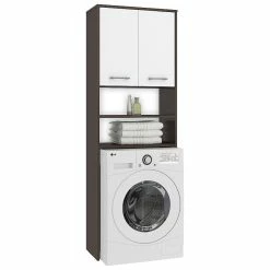 Nouveau 🎁 Hucoco LENA - Meuble pour machine à laver 180x64x30 cm - Espace de rangement buanderie/lave linge/salle de bain avec tablettes - Wenge/Blanc 😀