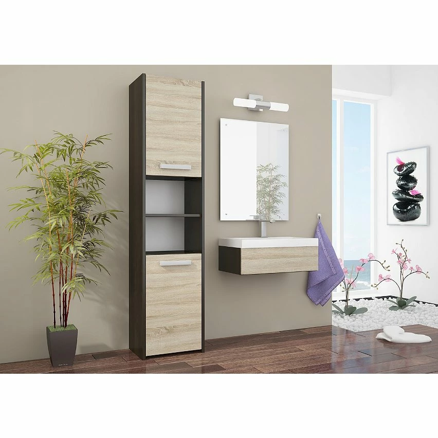 Le moins cher 🎉 Hucoco PRAGUE - Armoire de salle de bains - 170x30x30 - Rangement salle de bains - Meuble colonne - Style moderne - Double finition - Wenge/Sonoma 😀 4 Le moins cher 🎉 Hucoco PRAGUE - Armoire de salle de bains - 170x30x30 - Rangement salle de bains - Meuble colonne - Style moderne - Double finition - Wenge/Sonoma 😀 – Image 2