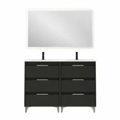 Promo ❤️ Amizuva Ensemble de meuble, vasque et miroir SUKI avec six tiroirs H.74 x L.120 x P.46 , effet Anthracite brillant 👍