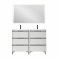 Promo 🥰 Amizuva Ensemble de meuble, vasque et miroir SUKI avec six tiroirs H.74 x L.120 x P.46 , effet blanc brillant 🥰