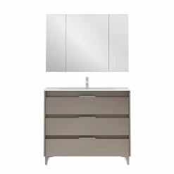 Nouveau 🔔 Amizuva Ensemble de meuble, vasque et miroir SUKI avec tris tiroirs H.74 x L.100 x P.46 , effet Fumé sablé 👍