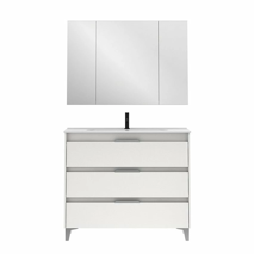 Promo 🔥 Amizuva Ensemble de meuble, vasque et miroir SUKI avec tris tiroirs H.74 x L.100 x P.46 , effet blanc brillant ❤️ 3 Promo 🔥 Amizuva Ensemble de meuble, vasque et miroir SUKI avec tris tiroirs H.74 x L.100 x P.46 , effet blanc brillant ❤️