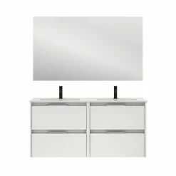 Promo 🔥 Amizuva Meuble double vasque SUKI avec quatre tiroirs H.56,5 x L.120 x P.46 , effet blanc brillant | Il comprend la vasque en céramique 😀