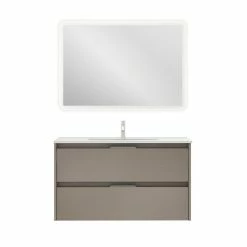 De gros 🤩 Amizuva Ensemble de meuble, vasque et miroir SUKI avec deux tiroirs H.56,5 x L.100 x P.46 , effet Fumé sablé 🎁