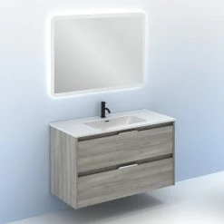 Le moins cher 😍 Amizuva Ensemble de meuble, vasque et miroir SUKI avec deux tiroirs H.56,5 x L.100 x P.46 , effet Gris sablé 🧨 -Accessoires pour la maison Soldes 8414623500519 6