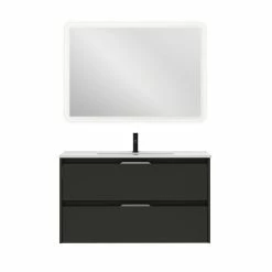 Meilleure affaire 👏 Amizuva Ensemble de meuble, vasque et miroir SUKI avec deux tiroirs H.56,5 x L.100 x P.46 , effet Anthracite brillant 🥰