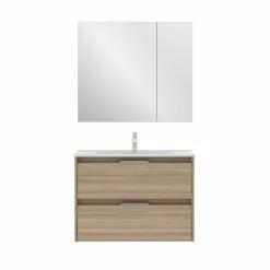 Meilleure vente ✔️ Amizuva Ensemble de meuble, vasque et miroir SUKI avec deux tiroirs H.56,5 x L.80 x P.46 , effet noyer sablé ✨