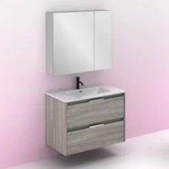 Tout neuf 🔔 Amizuva Meuble simple vasque SUKI avec deux tiroirs H.56,5 x L.80 x P.46 , effet Gris sablé | Il comprend la vasque en céramique 🎁 -Accessoires pour la maison Soldes 8414623500564 6