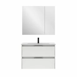 De gros ✔️ Amizuva Ensemble de meuble, vasque et miroir SUKI avec deux tiroirs H.56,5 x L.80 x P.46 , effet blanc brillant ✔️