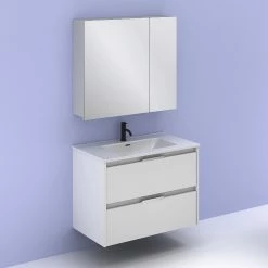 De gros ✔️ Amizuva Ensemble de meuble, vasque et miroir SUKI avec deux tiroirs H.56,5 x L.80 x P.46 , effet blanc brillant ✔️ -Accessoires pour la maison Soldes 8414623500588 6 1