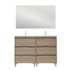 Coupon 👏 Amizuva Meuble double vasque SUKI avec six tiroirs H.74 x L.120 x P.46 , effet noyer sablé | Il comprend la vasque en céramique 😀