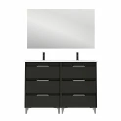 Remise 🌟 Amizuva Meuble double vasque SUKI avec six tiroirs H.74 x L.120 x P.46 , effet Anthracite brillant | Il comprend la vasque en céramique 🔔