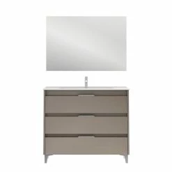 Coupon 👍 Amizuva Meuble simple vasque SUKI avec tris tiroirs H.74 x L.100 x P.46 , effet Fumé sablé | Il comprend la vasque en céramique ✨