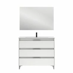 Promo ⭐ Amizuva Meuble simple vasque SUKI avec tris tiroirs H.74 x L.100 x P.46 , effet blanc brillant | Il comprend la vasque en céramique 🎉