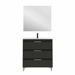 Bon marché 🎁 Amizuva Meuble simple vasque SUKI avec tris tiroirs H.74 x L.80 x P.46 , effet Anthracite brillant | Il comprend la vasque en céramique 🎁