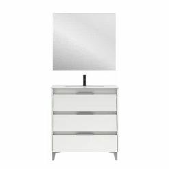 Promo 🥰 Amizuva Meuble simple vasque SUKI avec tris tiroirs H.74 x L.80 x P.46 , effet blanc brillant | Il comprend la vasque en céramique 👏