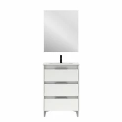 Meilleure affaire ❤️ Amizuva Meuble simple vasque SUKI avec tris tiroirs H.74 x L.60 x P.46 , effet blanc brillant | Il comprend la vasque en céramique 💯