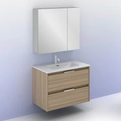 Meilleure vente ✔️ Amizuva Ensemble de meuble, vasque et miroir SUKI avec deux tiroirs H.56,5 x L.80 x P.46 , effet noyer sablé ✨ -Accessoires pour la maison Soldes 8414623500953 6