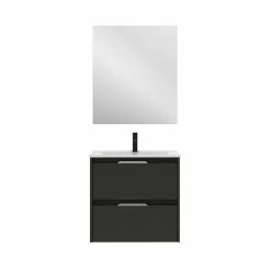 Nouveau 😉 Amizuva Ensemble de meuble, vasque et miroir SUKI avec deux tiroirs H.56,5 x L.60 x P.46 , effet Anthracite brillant ✔️