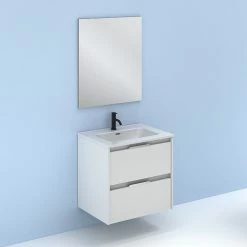 De gros 🧨 Amizuva Ensemble de meuble, vasque et miroir SUKI avec deux tiroirs H.56,5 x L.60 x P.46 , effet blanc brillant ✨ -Accessoires pour la maison Soldes 8414623501042 6