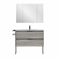 Nouveau 👍 Amizuva Ensemble de meuble, vasque et miroir KEIKO avec deux tiroirs H.56,5 x L.100 x P.46 , effet Gris sablé 🔔