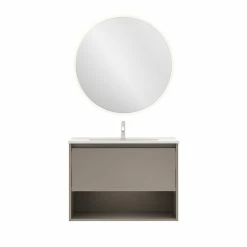 Nouveau 🔔 Amizuva Ensemble de meuble, vasque et miroir NIWA avec un tiroir et un niche H.56,5 x L.80 x P.46 , effet Fumé sablé 🔥